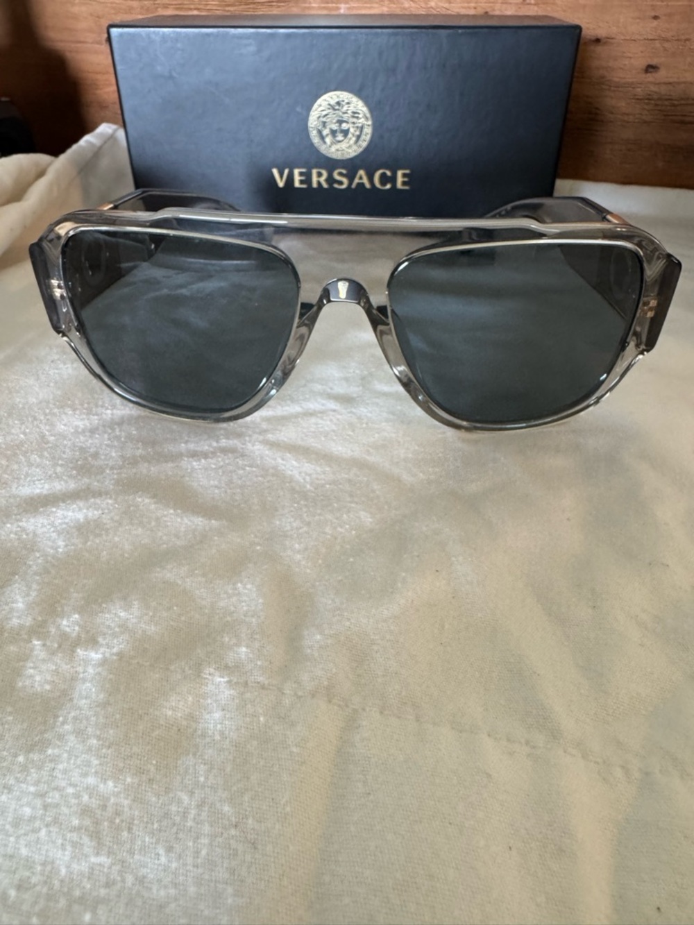 Versace Transparent Frame Sunglasses with Dark Gray Lenses